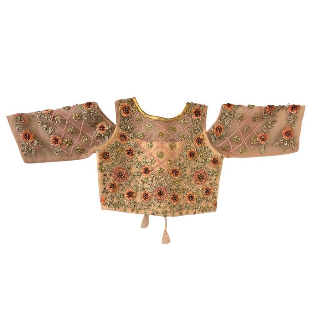 Girls Handmade Beaded Choli Top 45 cm / US 4-5 Peach/Flesh Embroider Mesh Ethnic